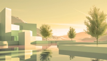 Abstrakte Architektur mit geometrischen Gebäuden, Wasserflächen, Bäumen und sanften Naturtönen