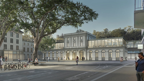 visualization, train station from outside, tree, square