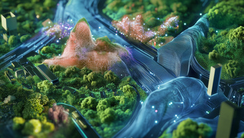 Abstrakte Landschaft mit digitalen Geländemodellen, Strassennetz und visualisierten Datenströmen