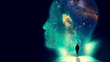 A head silhouette featuring cosmic data, symbolizing artificial intelligence and digitalization