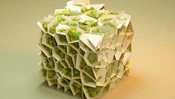 Konzeptionelle Architekturstruktur mit modularen Elementen und integrierter Begrünung in geometrischem Design
