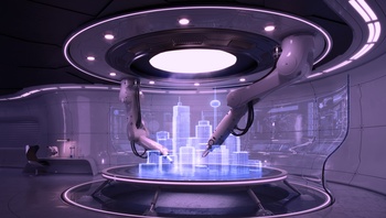 Robotergestützte Arbeitsstation mit Hologramm-Modell und zwei Roboterarmen in futuristischer Umgebung